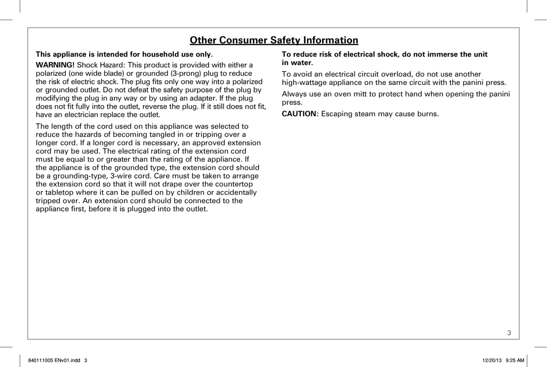 Hamilton Beach 25450 manual Other Consumer Safety Information, This appliance is intended for household use only 